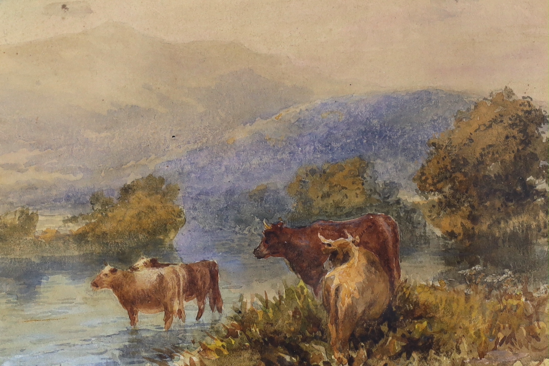 William Henry Harford (1840-1917), watercolour, Mountainous landscape with Highland cattle, signed, 17 x 12cm